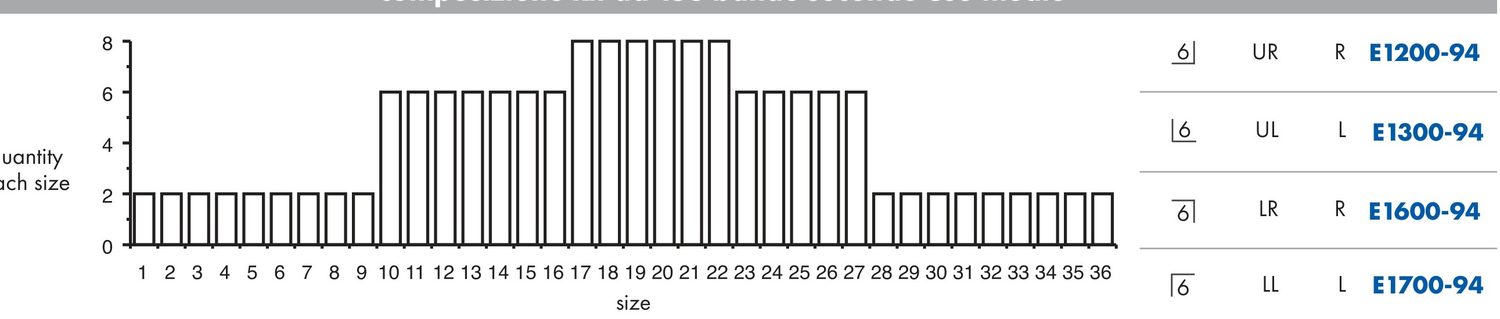 Quantity per size, first molar, four quadrants